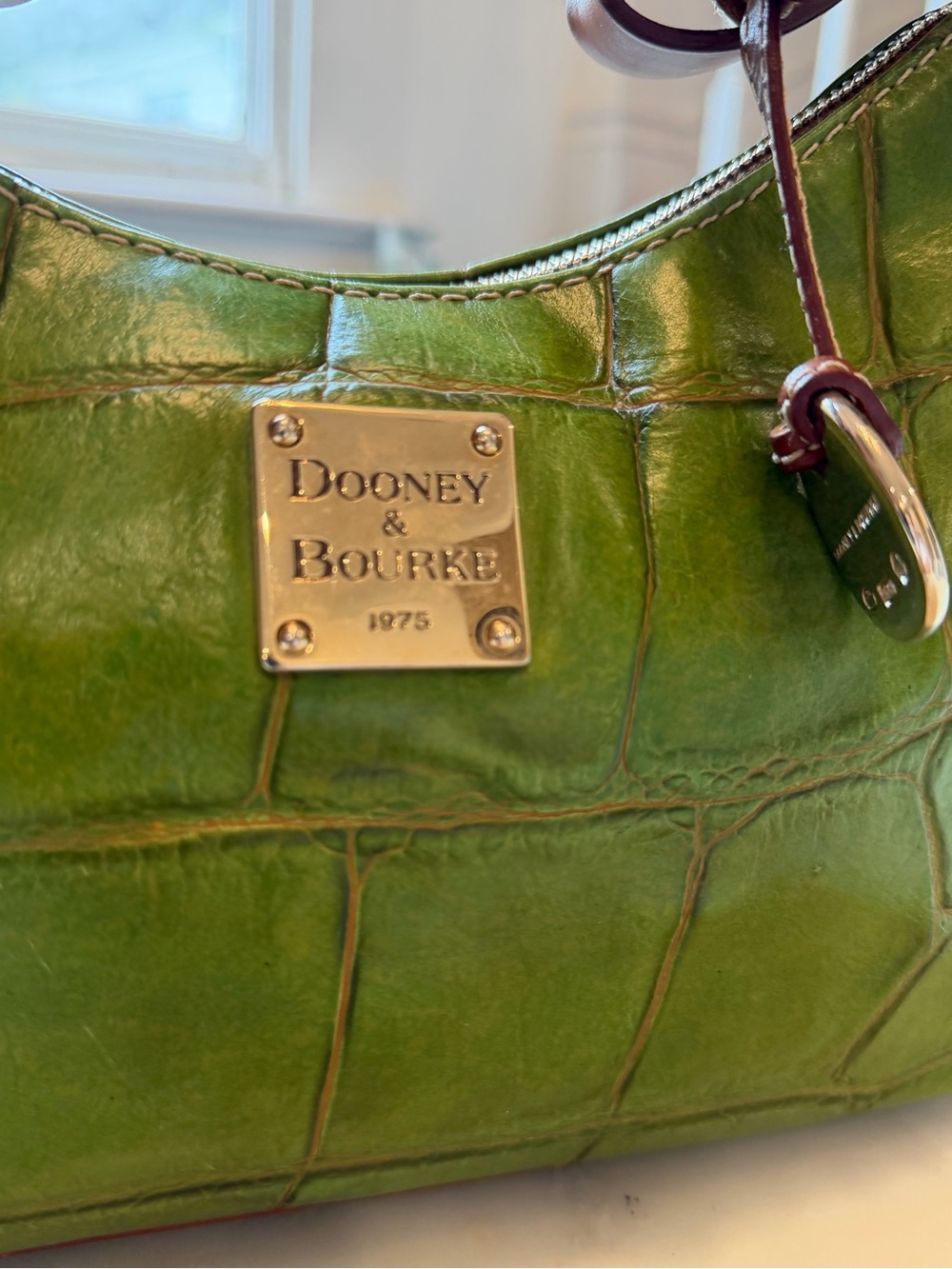 Dooney & Bourke Green Croc-Embossed Leather Shoulder Bag with Brown Trim - Picture 3 of 11